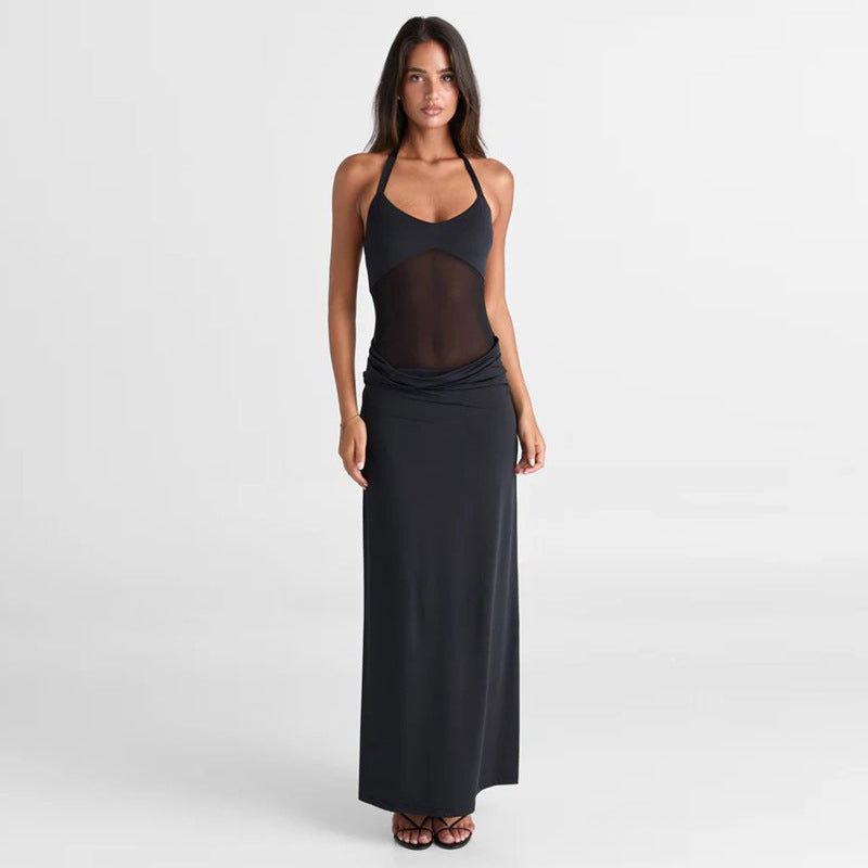 Women's Sleeveless Backless Halterneck Patchwork Bodycon Dress