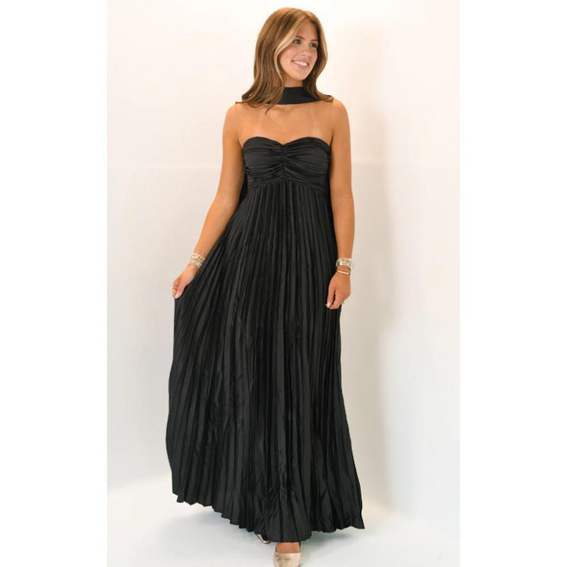Elegant Pleated Halter Neck Dress