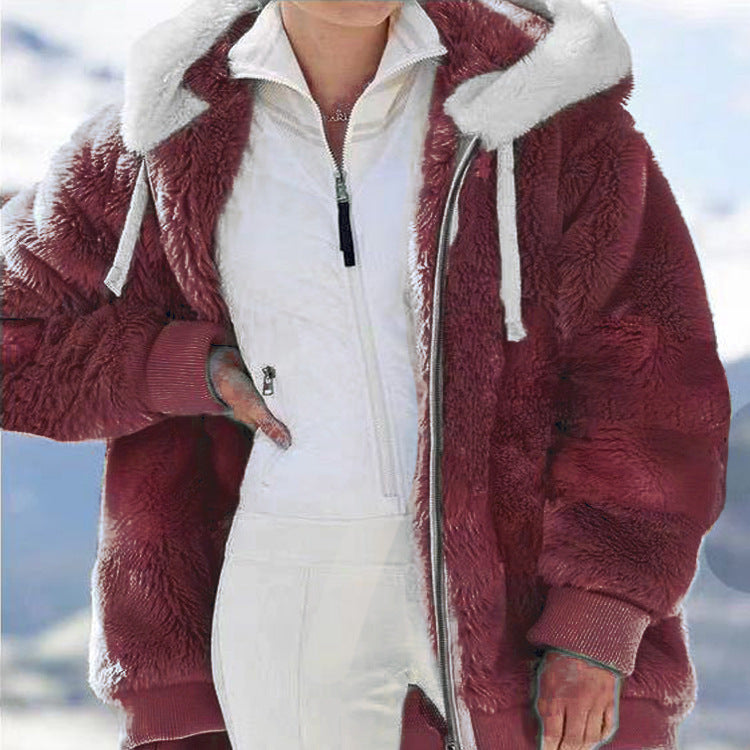 Womens Loose Fit Plush Zipper Hooded Jacket