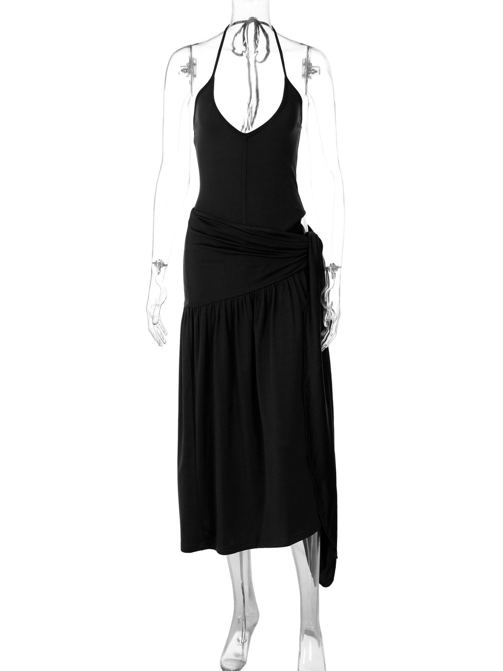 Womens V-Neck Halter Backless Jumpsuit with High-Waisted Skirt