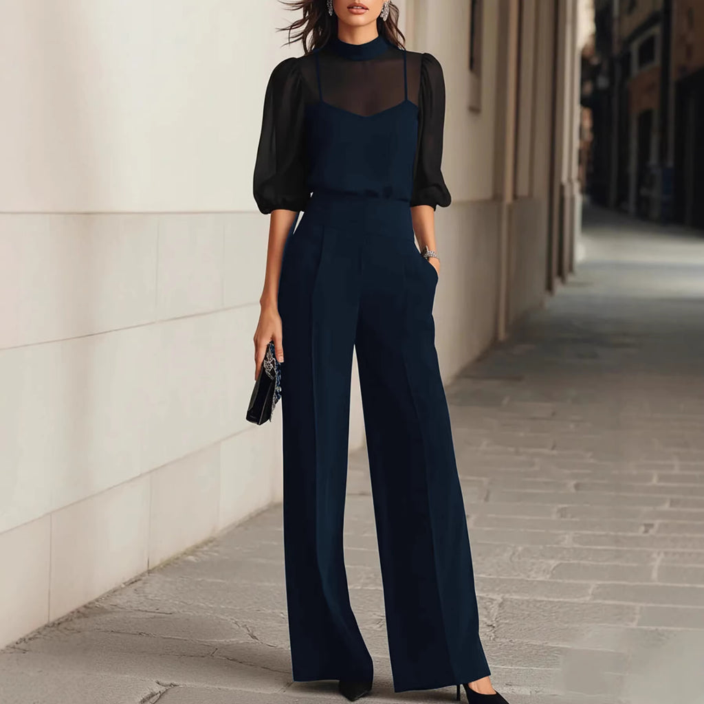 Women's Sheer Patchwork Wide-Leg Pants Set Two-Piece Outfit
