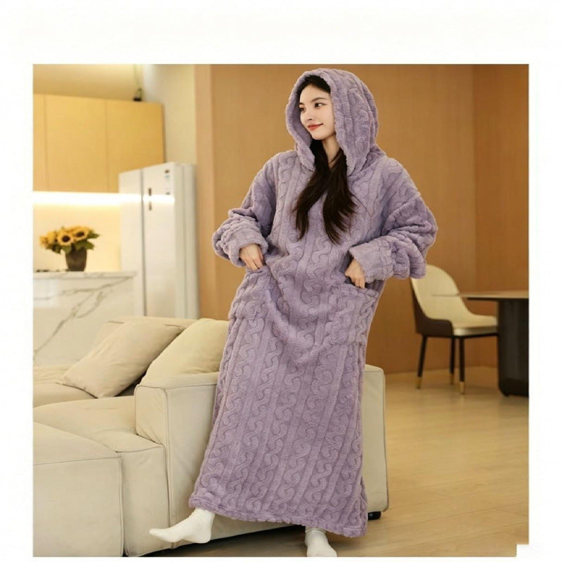 Women Hooded Coral Fleece Warm Long Sleeve Nightgown
