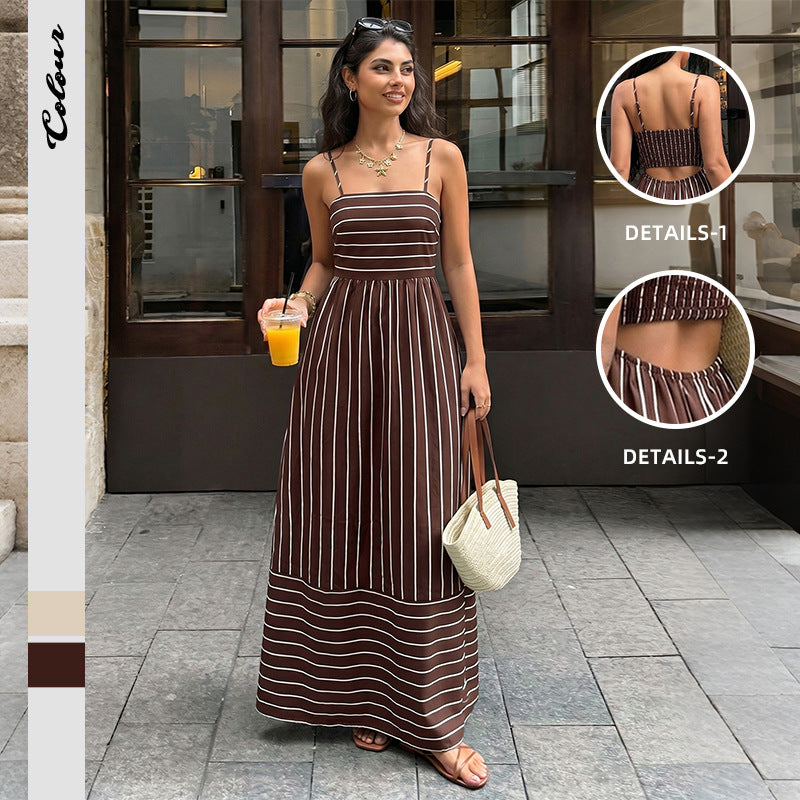 Vintage Striped Maxi Dress with Open Back