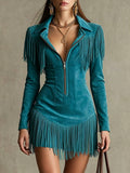 Retro Suede Tassel Long Sleeve Dress