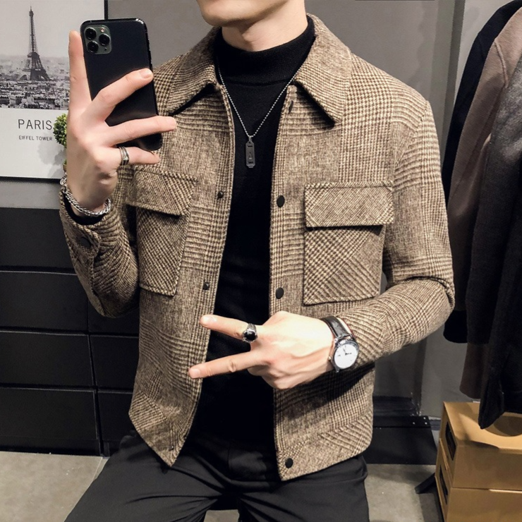 Men's Woolen Blend Thickened Casual Jacket with Suit Collar