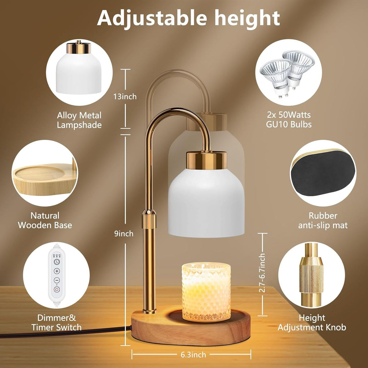 Solid Wood Electric Wax Melt Warmer with Timer and Dimmer, Adjustable Height Aromatherapy Lamp