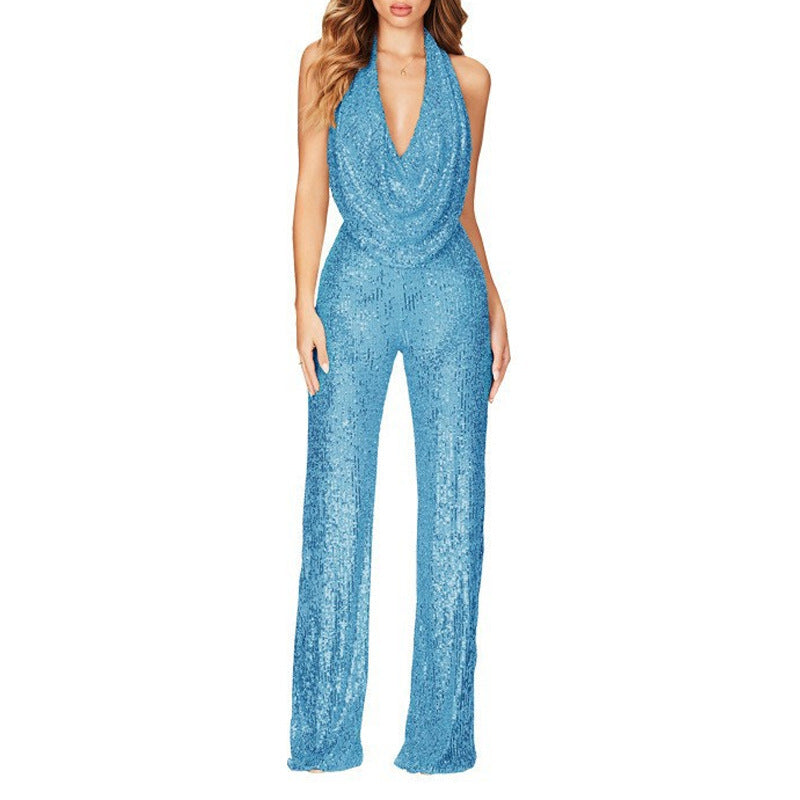 Women's Sparkly Sequin Halter Neck Jumpsuit Slim Fit Long Pants One Piece Evening Dress