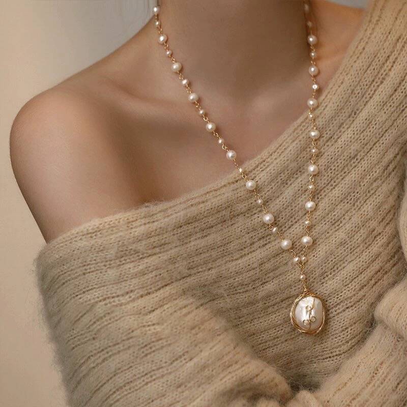 Baroque Pearl Necklace Women Hand Woven Long Chain