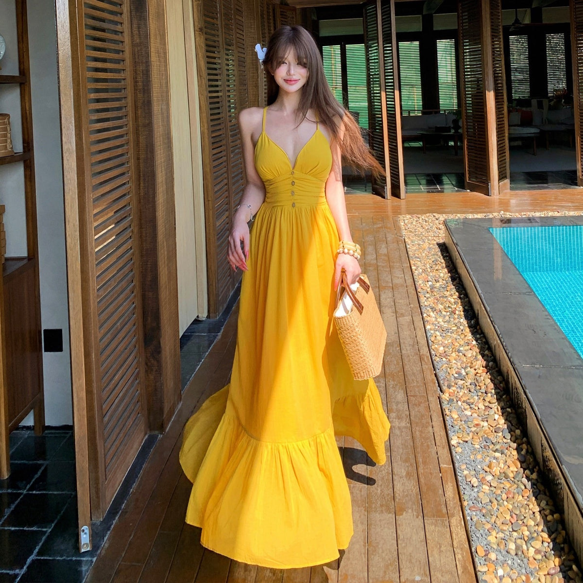 Womens V-Neck Flared Hem Dress