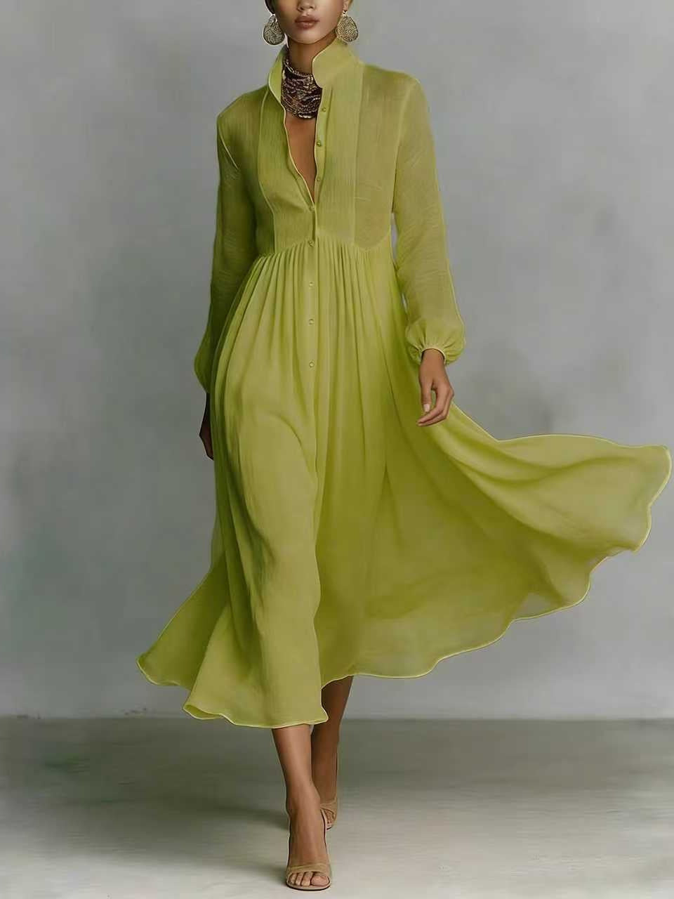 Elegant Slim Fit Pleated Long Sleeve Dress