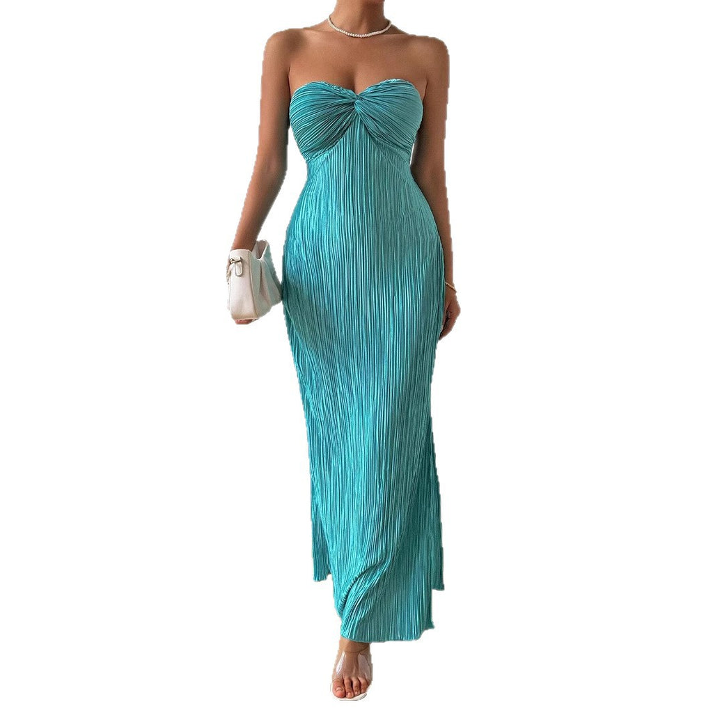 Tube Top Pleated Long Dress with Bow Detail