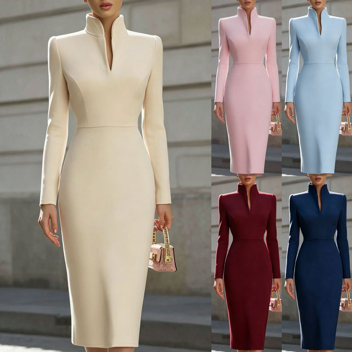 Women's Stand Collar Long Sleeve Slim Fit Midi Bodycon Dress