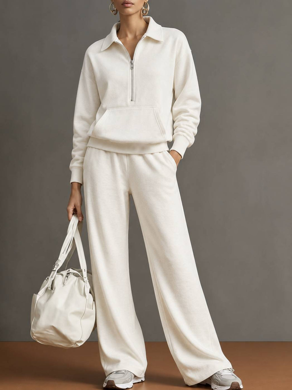 Women Two-Piece Half-Zip Sweatshirt and Wide-Leg Pants Set