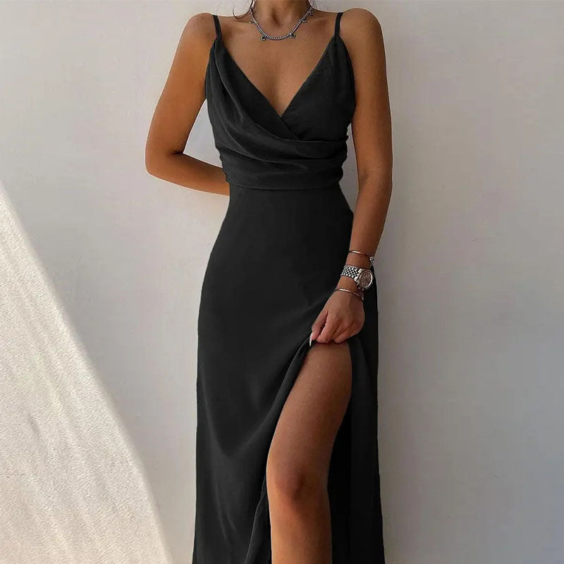 Strapless V-neck slit printed dress