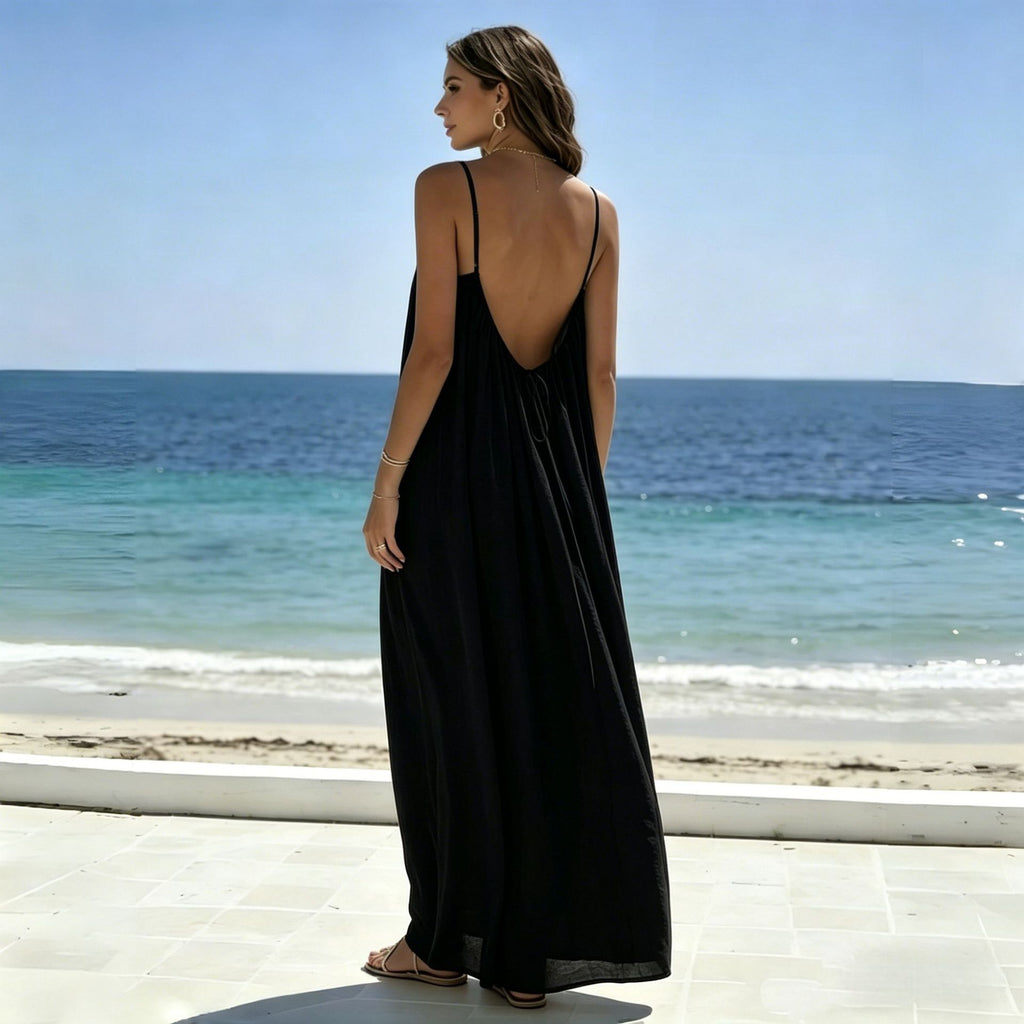 Womens Loose Fit Sleeveless Tie Neck Long Dress