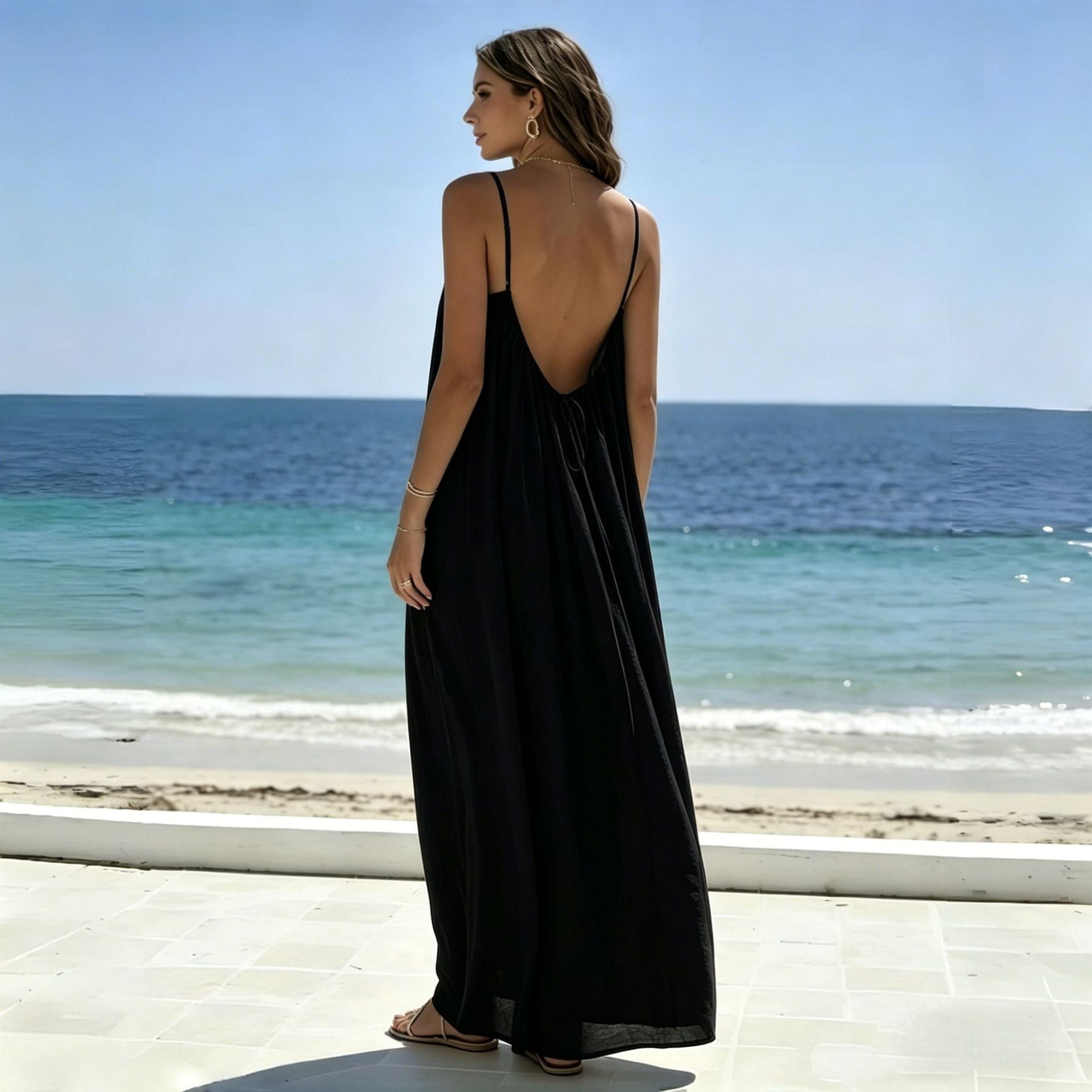 Womens Loose Fit Sleeveless Tie Neck Long Dress