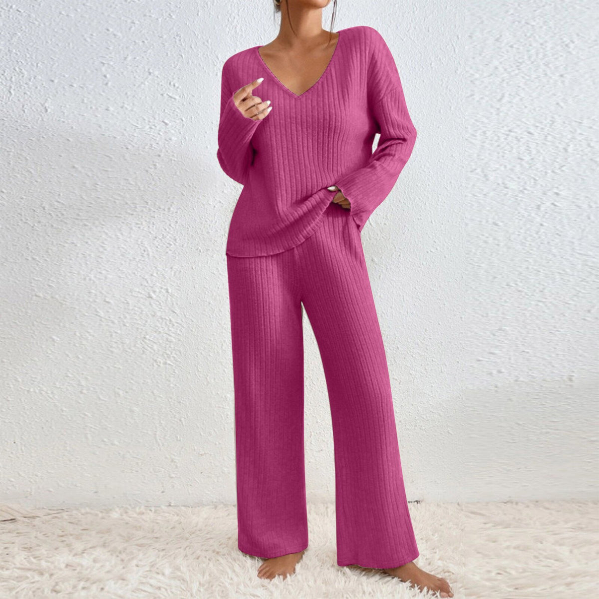 Women V-Neck Loose Ribbed Knit Long Sleeve Top Suit Set