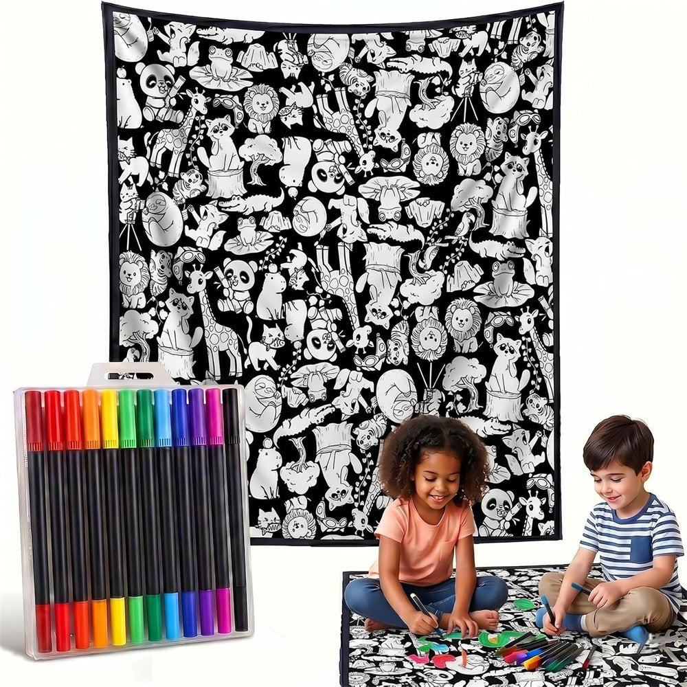 Black and white line-drawn graffiti rug