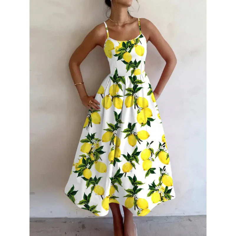 Womens Sleeveless Floral Print Shirt Collar Dress Long Dress