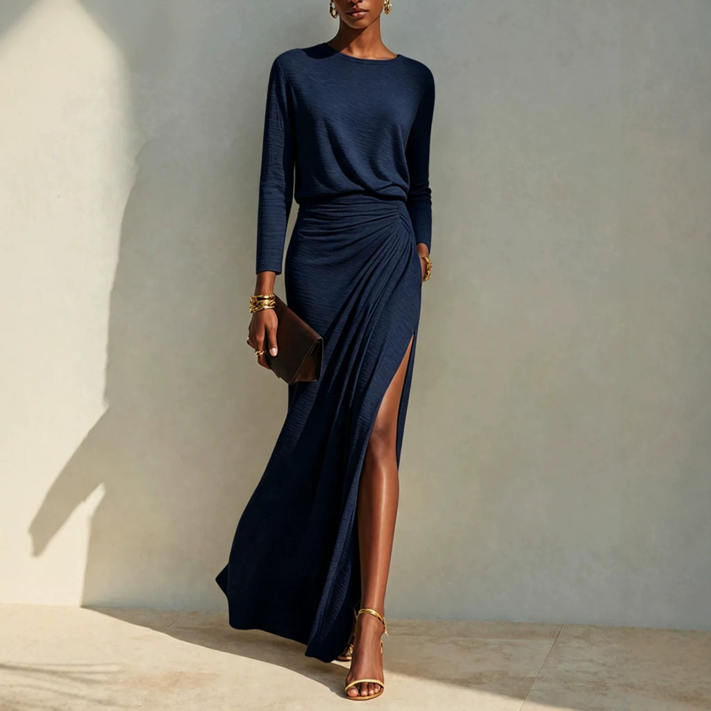 Womens Round Neck Long Sleeve Solid Color High Slit Bodycon Dress