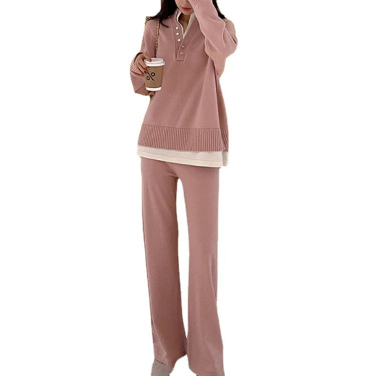 Long Sleeve Pullover Top and Wide-Leg Pants, Striped Casual Suit