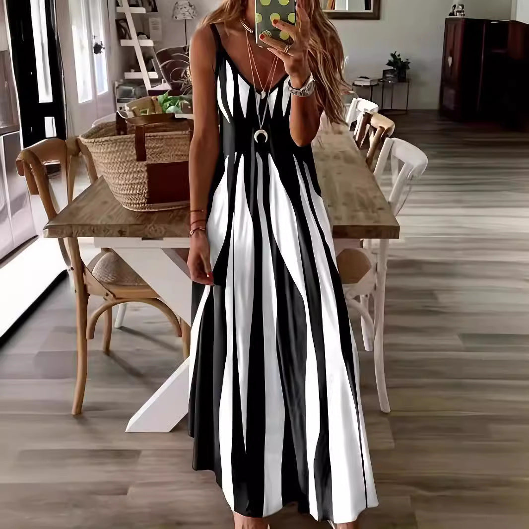 2025 Summer New European and American Style Amazon Explosions Casual Sling Printed V-Neck Sleeveless Dress dress