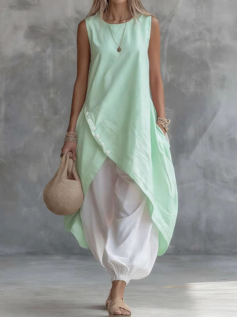 Sleeveless Loose Pocket Midi Skirt