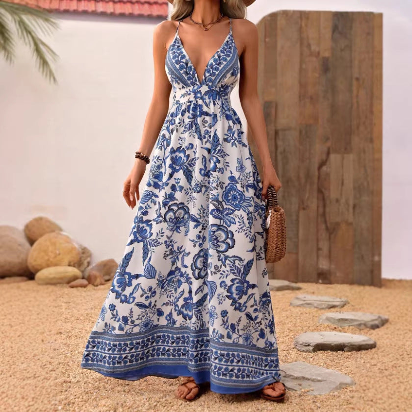 Floral Print Halter Neck Backless Long Dress