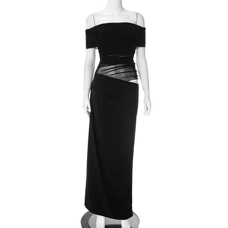 Mesh Off-Shoulder Pleated Dress