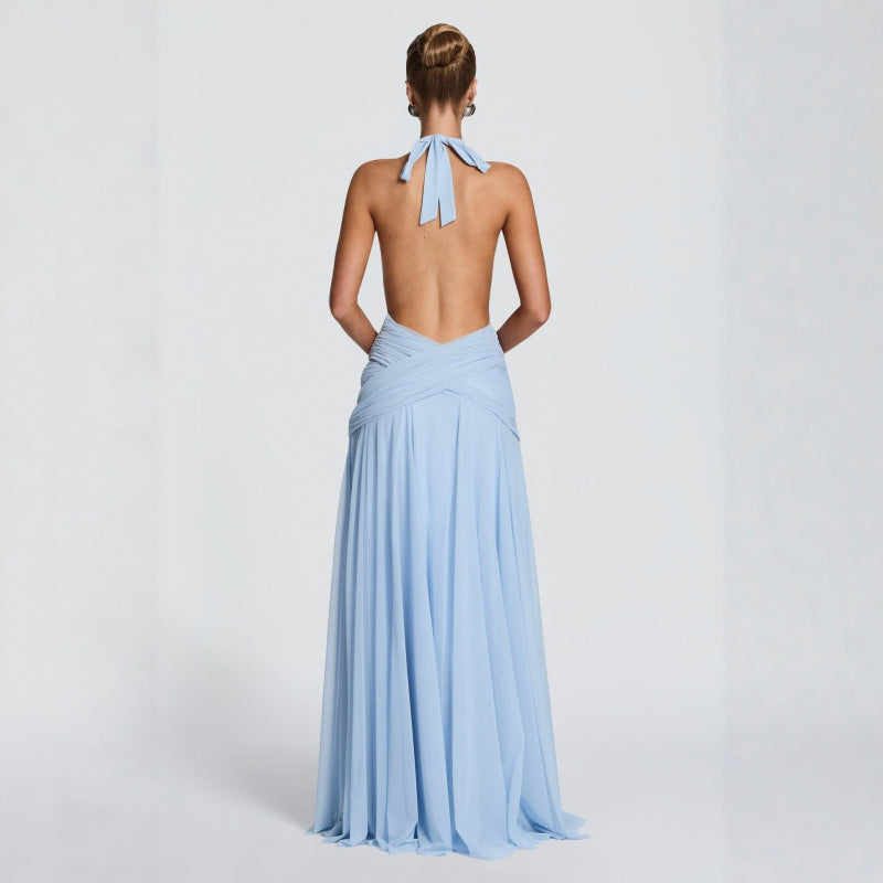 Womens Chiffon Deep V Neck Evening Gown