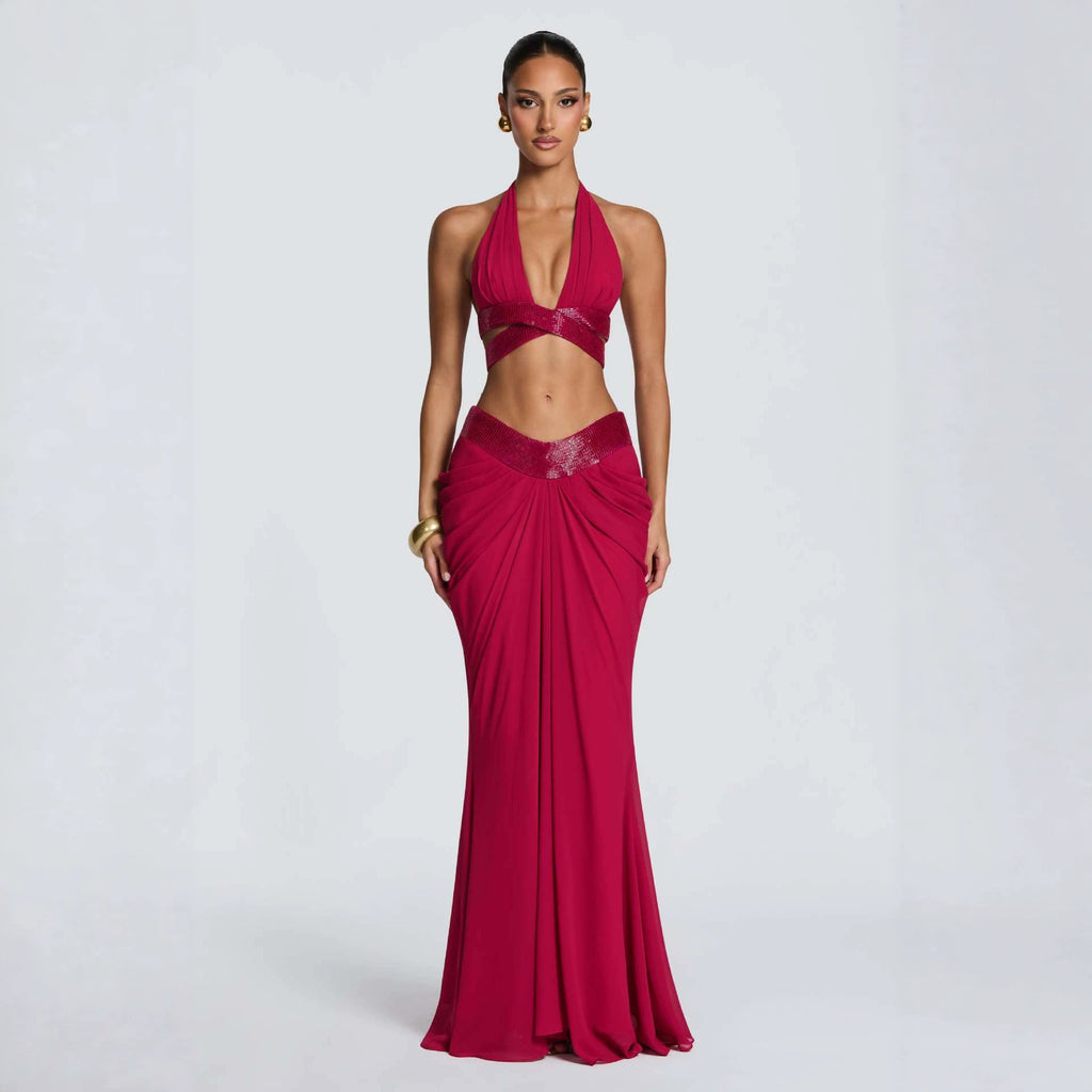Halter Neck Deep V Sequin Two Piece Set Short Camisole Long Skirt