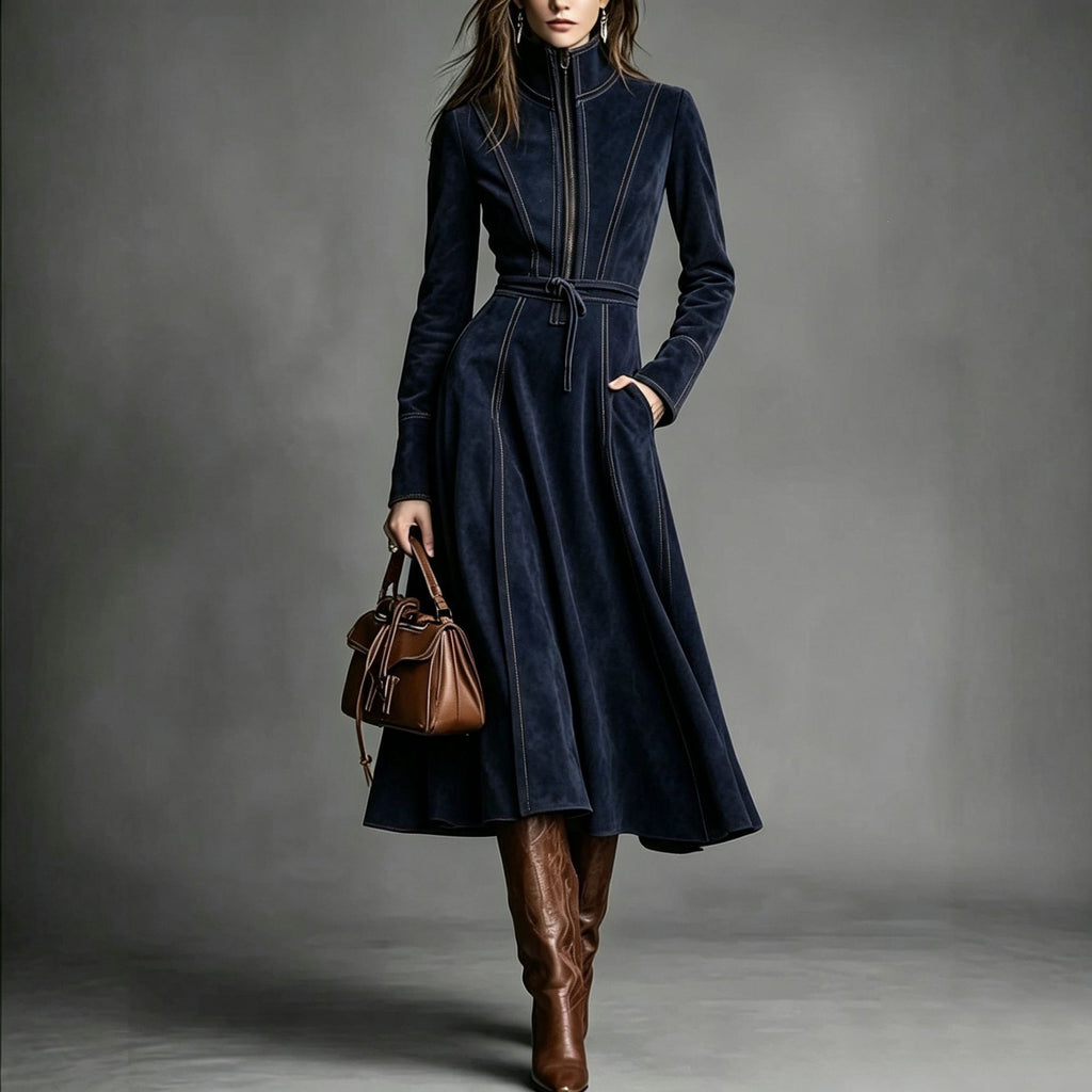 Women's Retro Suede Stand Collar Zipper A-Line Long Dress