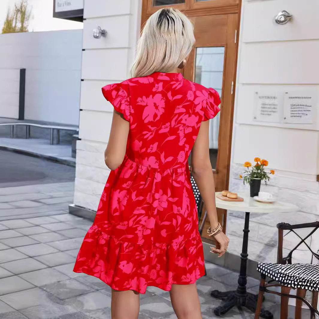 Flounce Sleeve V Neck Printed Midi Dress