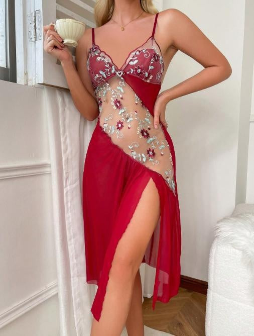 Lace Floral Embroidery Mesh Nightgown
