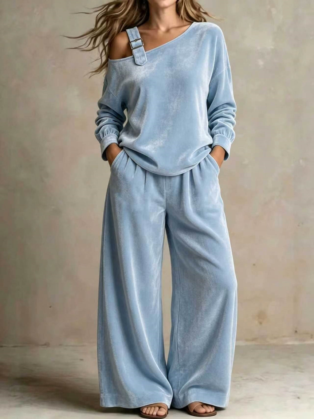 Women's Velvet One-Shoulder Long Sleeve Two-Piece Casual Pantsuit Set