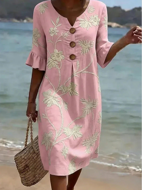 Women's V-Neck Printed Ruffle Mid-Sleeve Summer Dress