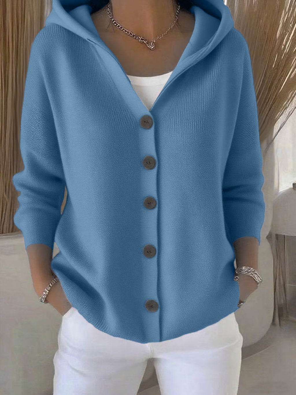 Women's Hooded Knitted Cardigan Solid Color Casual Fashion Sweater Jacket