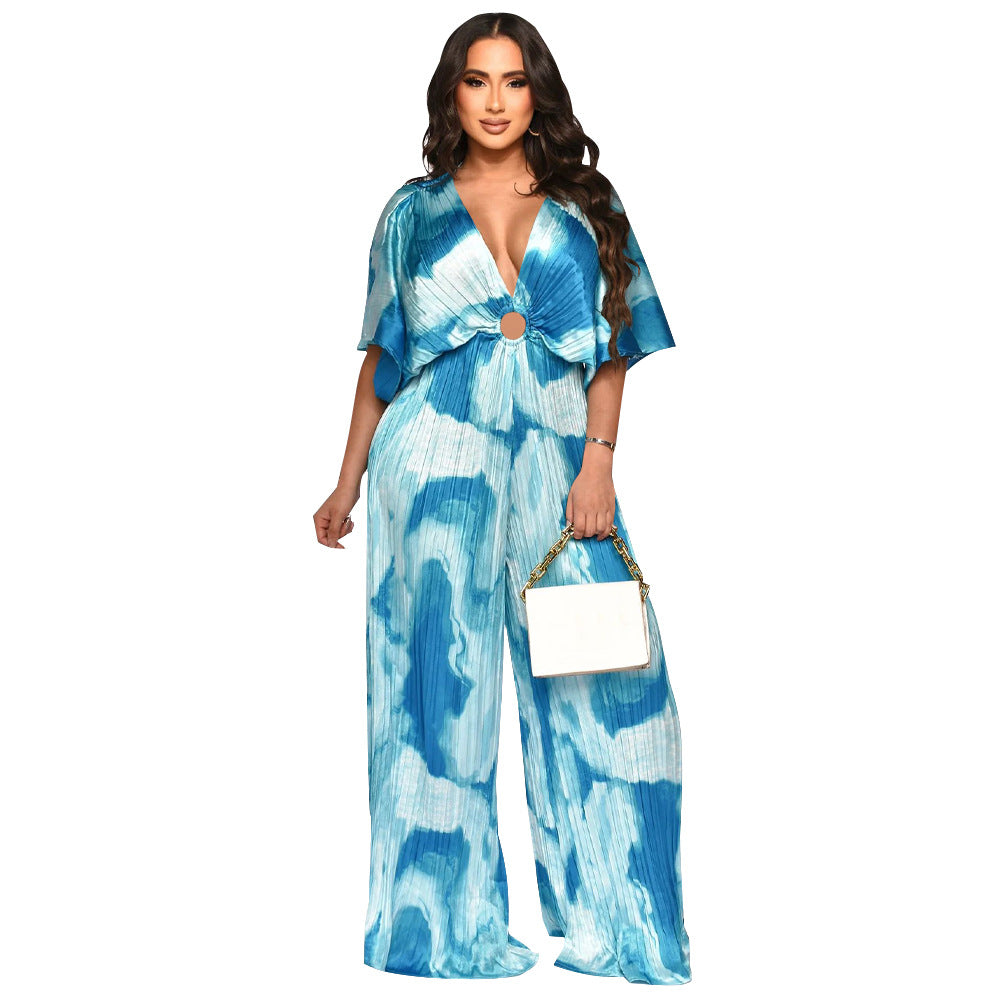 V-Neck Pleated Printed Casual Jumpsuit