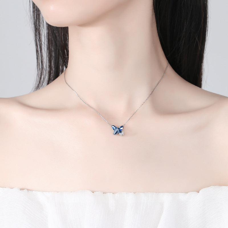 Butterfly Crystal Silver Necklace with Diamond Pendant