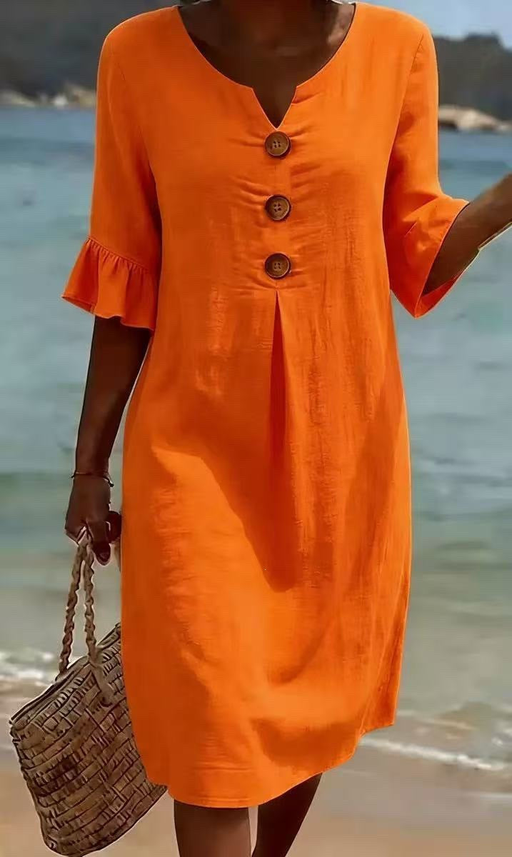 Womens V-Neck Linen Blend Dress