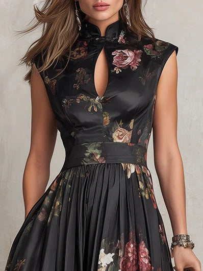 Women Sleeveless Floral Print Slim Fit Long Dress