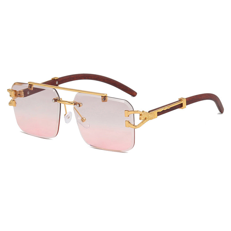 Double Beam Rimless Square Sunglasses Wood Grain UV Protection