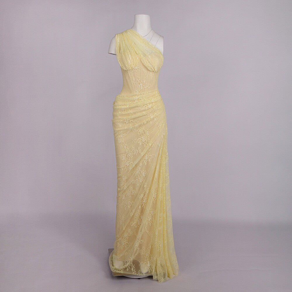 One-Shoulder Lace Long Dress with Stretch Bandage Fabric
