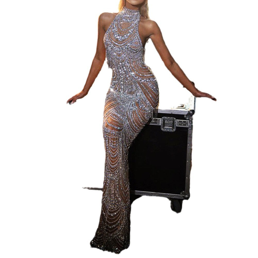 Halter Neck Gold Sprinkled Long Dress