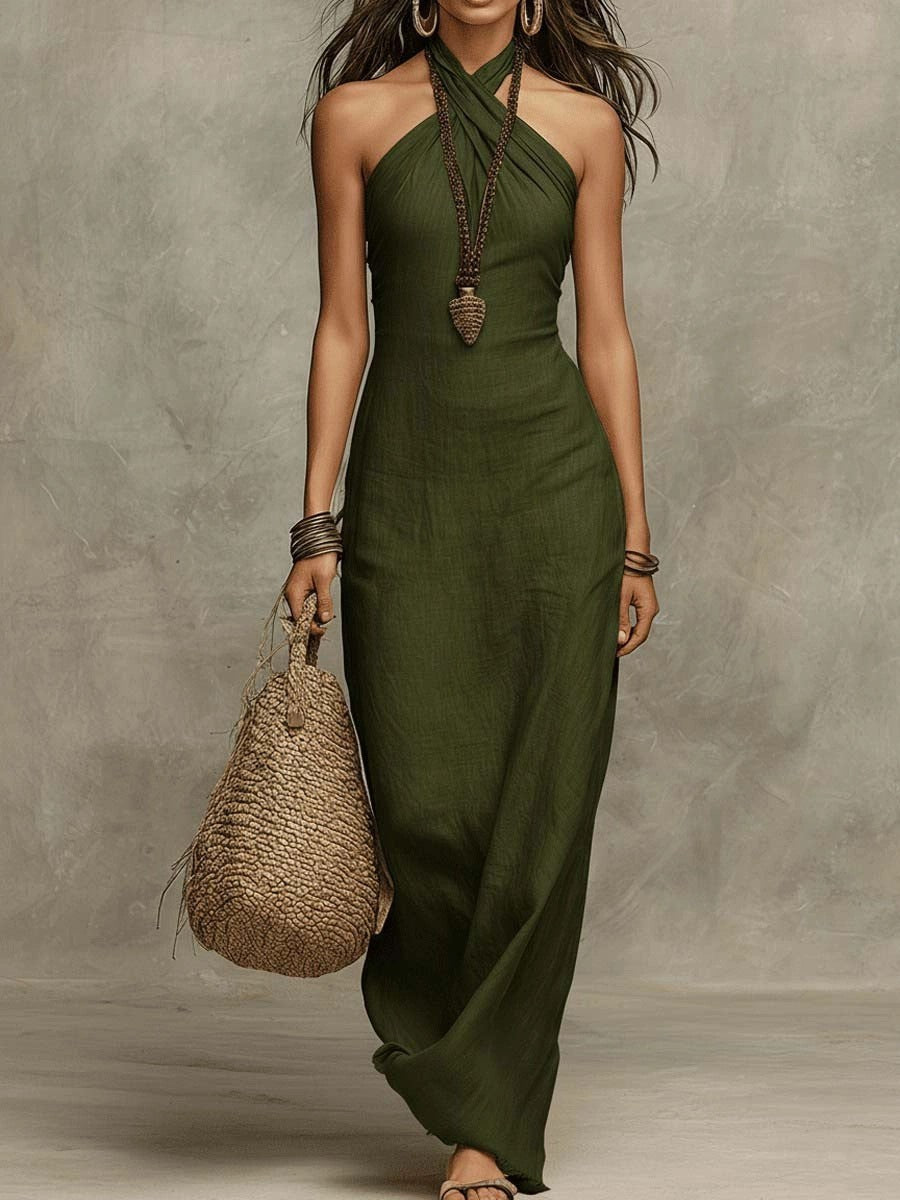 Womens Sleeveless Halter Neck A-Line Dress