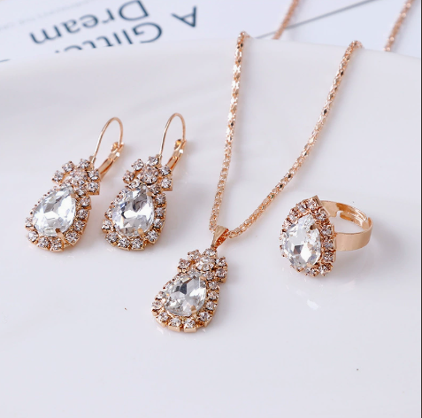 European and American Personalized Water Drop Rhinestone Necklace Earrings Ring Set