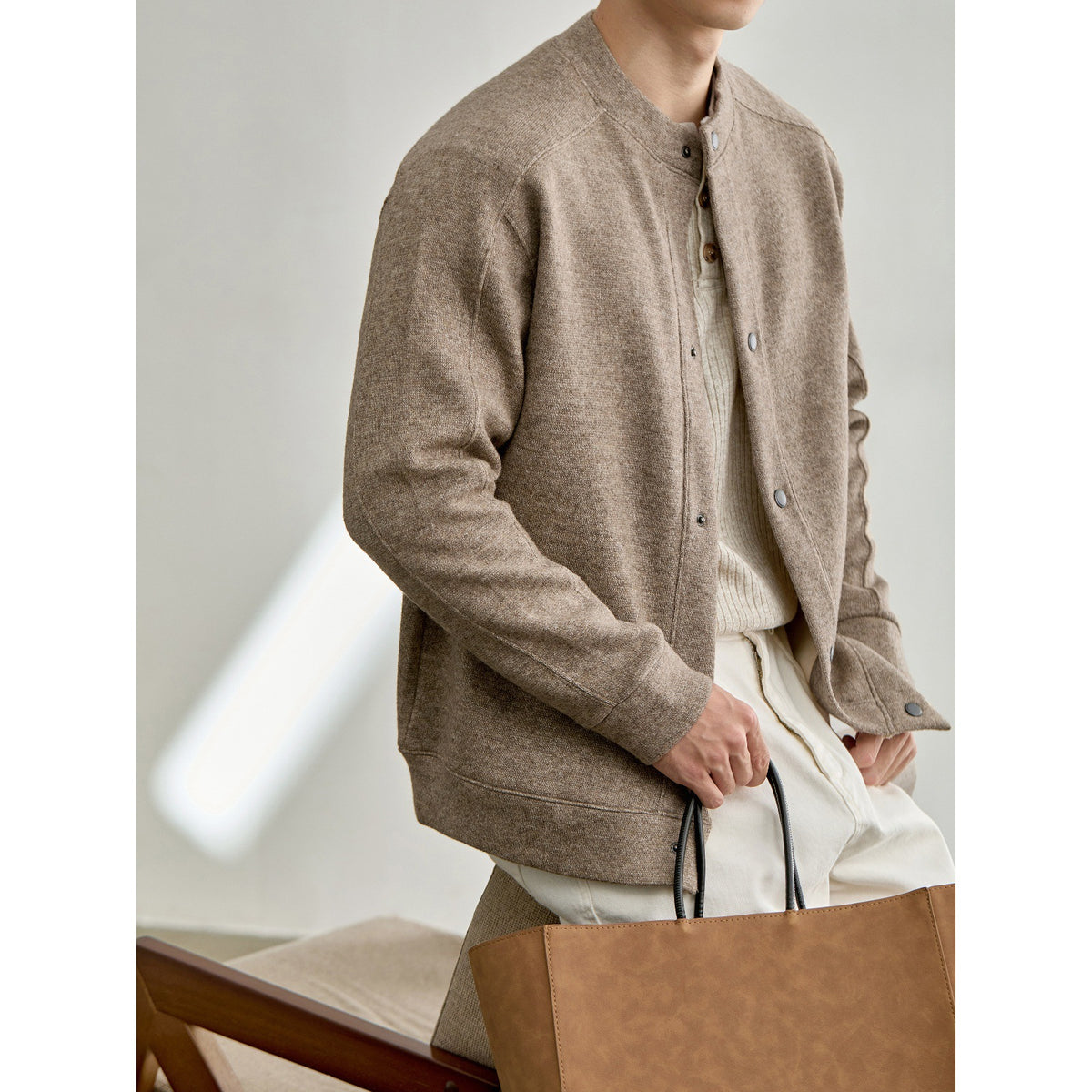 Men's baseball-style textured blended knit cardigan