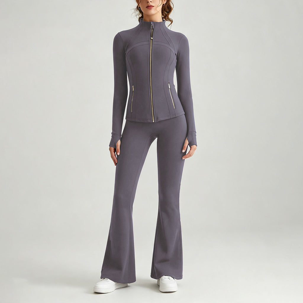 Double-Sided Brushed Yoga Set for Women Stand-Collar Slim-Fit Jacket High-Waist Flared Pants