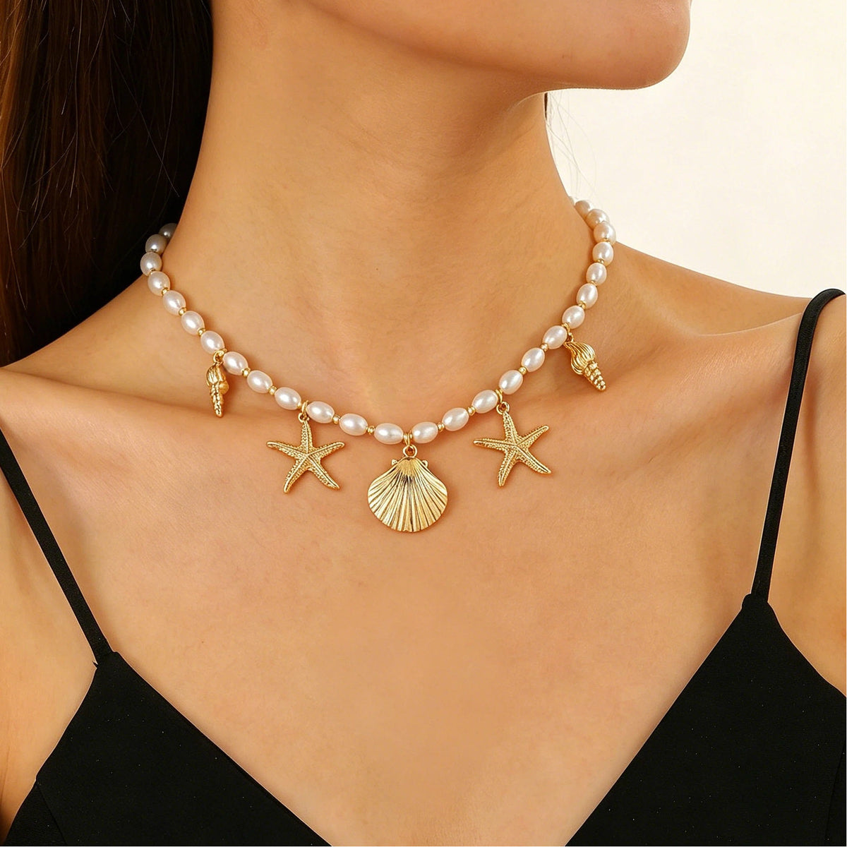 Layered Shell Pearl Starfish Pendant Bohemian Necklace