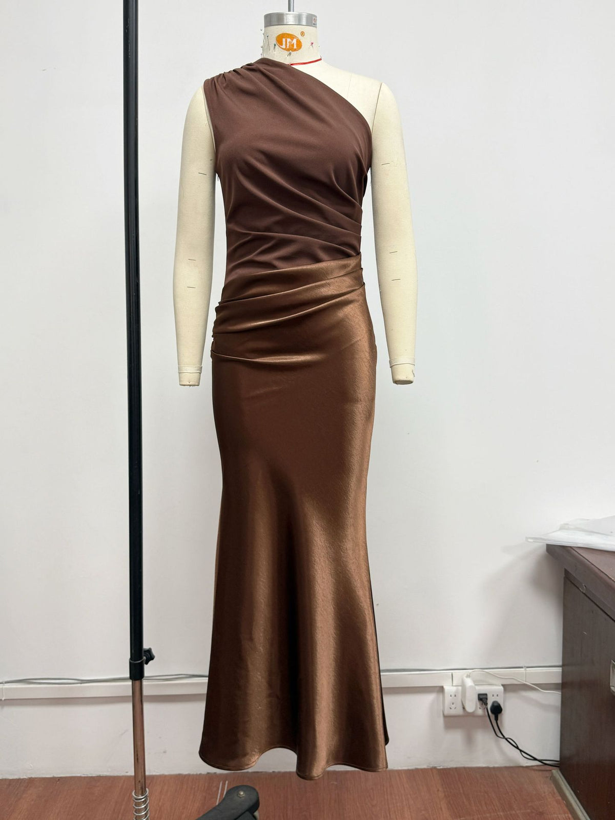 Diagonal Neckline Sleeveless Satin Long Dress